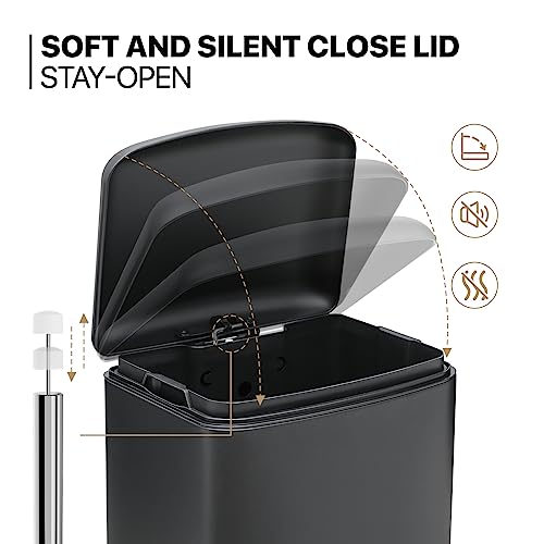 Image of MoNiBloom 10.5-Gallon Step Trash Can with Soft-Close Lid for Kitchen Bathroom Bedroom Living Room Home Office Dorm Fingerprint-Proof Foot Pedal Garbage Bin with Removable Inner Bucket Black 40-Liter