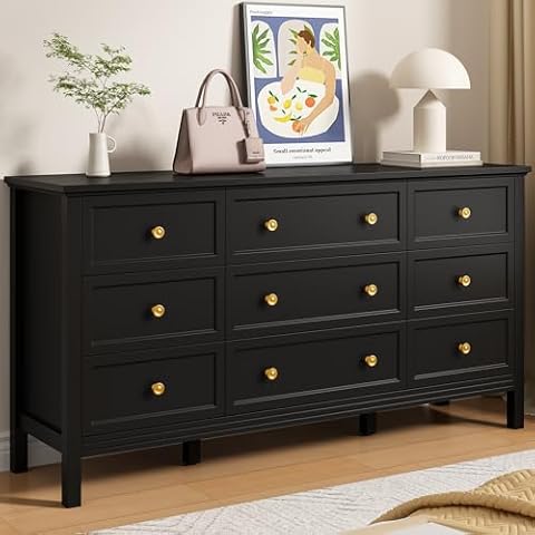 LYNSOM 59" Black Dresser for Bedroom, 9 Drawer Wood Dresser with Gold Handles, Wide Large Dressers & Chests of Storage Drawers for Hallyway, Entryway Cover