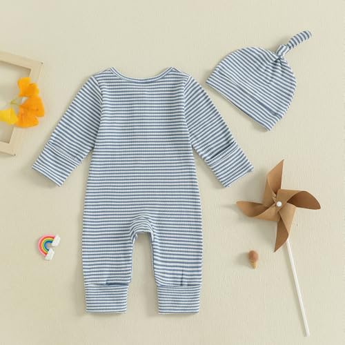 Kuriozud Newborn Infant Unisex Baby Boy Girl Clothes Button Romper Jumpsuit Basic One Piece Outfits Striped Long Sleeve with Mittens Blue, Newborn - Thumbnail 4
