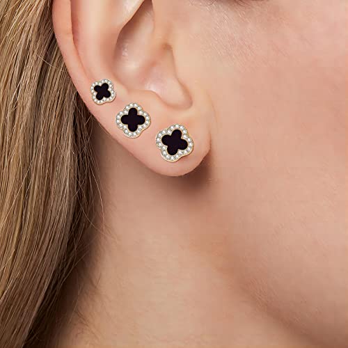 Fiklon 3Pairs 925 Sterling Silver Stud Clover Earrings For Women, Lucky Four Leaf Clover Earrings Studs Black Flower Earrings For Girls Stackable Earrings Set Jewelry (A_3Pairs_Cz Clover_Black) #TOP2