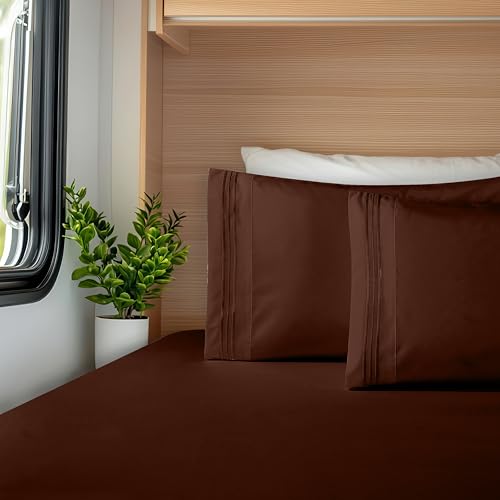 Image of Elegant Comfort Luxurious 1500 Premium Hotel Quality Microfiber Three Line Embroidered Softest 4-Piece Bed Sheet Set, Wrinkle and Fade Resistant, RV Short Queen, Brown