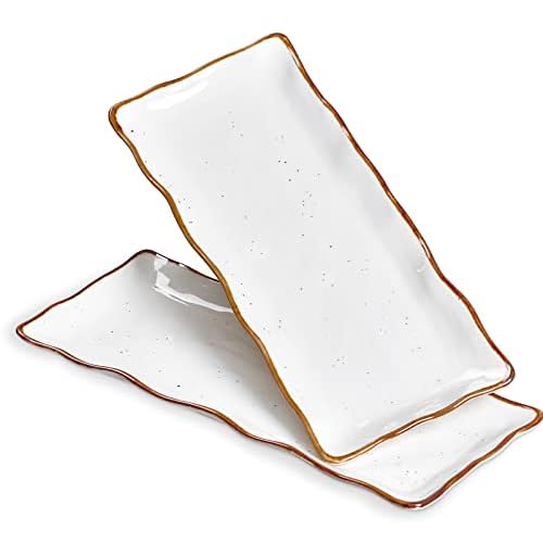 ONEMORE Large Serving Platters, 15 inch Serving Plates Set of 2, Ceramic Platters for Serving Food, Oven Safe Serving Trays and Platters for Entertaining Party, Creamy White