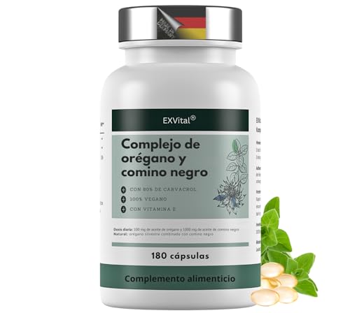EXVital® Complejo de Aceite de Orégano y Comino Negro, 180 cápsulas veganas, 100 mg de aceite de orégano y 1000 mg de aceite de comino negro al día, 80% de carvacrol, alta dosis y sin aditivos
