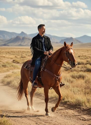 Image of Men's Suede Fringe Jacket Western Cowboy Style Genuine Leather Coat with Button Closure, Black Brown Cognac