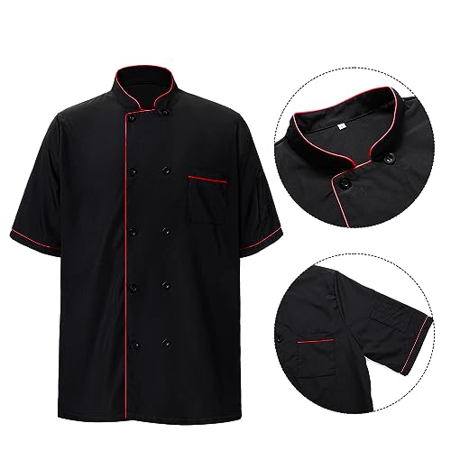2 Pack Unisex Chef Coat Short Sleeve Chef Jacket Costume for Men Women(Medium,Black, Red)