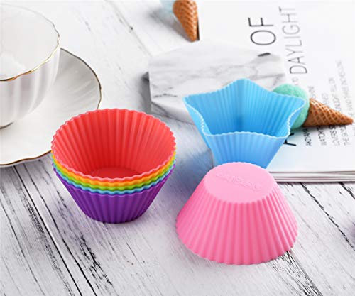 Mirenlife Reusable And Non-Stick Silicone Baking Cups/Muffin Cup Molds In Storage Container-24 Pack-6 Vibrant Colors-4 Shapes(Flower,Star,Heart,Round) #TOP2