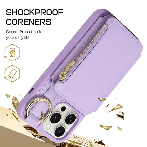 Furiet Wallet Case for iPhone 16 Pro Max 6.9 inch with Wrist/Shoulder Strap Card Holder Ring Zipper Pocket, 6+ Card Slots RFID Blocking Phone Cover for i Phone16 16Pro i16 ProMax 16ProMax Purple by Furiet - Image 2