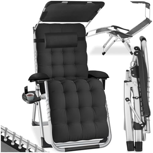 tectake® Sonnenliege klappbar, Liegestuhl, Gartenliege mit Sonnendach, Outdoor Sessel für Balkon oder Garten, Liege mit extra Dicker Auflage, Relaxliege belastbar bis 200kg - schwarz