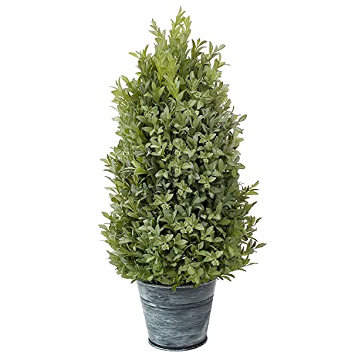 Artificial Boxwood Cone Topiary Tree Dusty Green Faux Greenery Potted Plant with Galvanized Pot for Tabletop Mantel Bedroom Home Decor