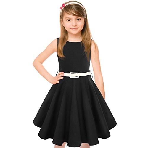 Black Girls Vintage Dresses 50S Retro Kids Dresses For Girl With White Belt For Special Occasion Swing Rockabilly Sleeveless Size 10 #TOP26