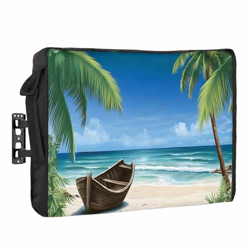 Outdoor TV Cover - Summer Palm Tree Ocean Beach Boat Waterproof and Weatherproof 52\"-55\" LCD Movable Shield TV Display Screen Protector Outside Television Covers