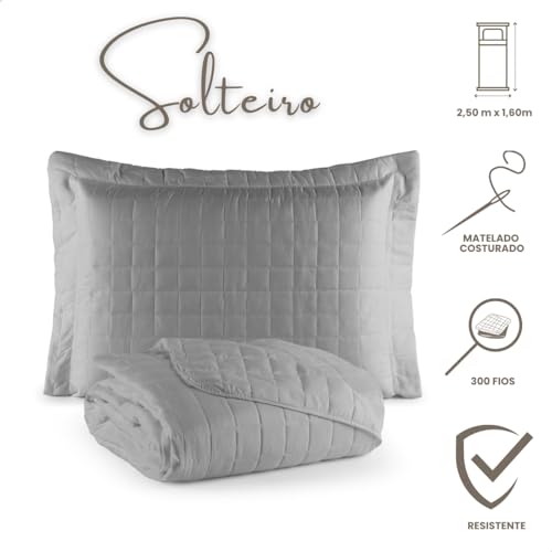Colcha Cobre Leito Solteiro com Porta Travesseiro 300 Fios Toque Macio Kit 2 Peças Cinza