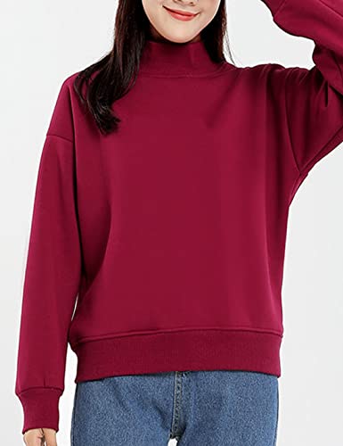 Jenkoon Womens Warm Soft Mockneck Sherpa Fleece Lined Sweatshirt Casual Pullover Tops (Wine, Large) #TOP3