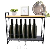 Botellero de pared de madera de 2 niveles para colgar en la pared, con 5 soportes para copas de vino, copas, decoración del hogar