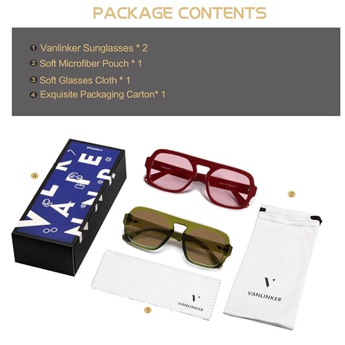 Image of VANLINKER Retro Square Aviator Sunglasses for Women Men 70s Vintage Style Trendy Flat Top Rectangle Sun Glasses VL9826