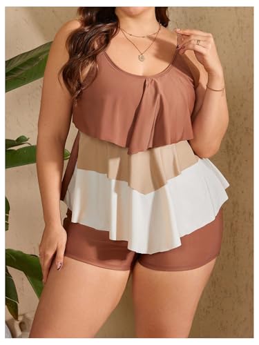 Verdusa Women's Plus Size 2 Piece Colorblock Tankini Set Ruffle Layered Cami Top with Shorts4