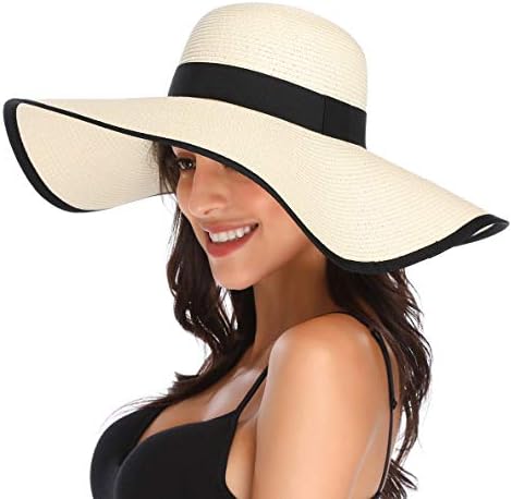 Lanzom Womens Wide Brim Straw Hat Floppy Foldable Roll up Cap Beach Sun Hat UPF 50+