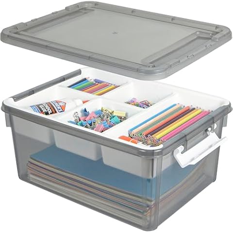 Creahaus 17 Quart Plastic Storage Box with Removable Tray, Durable Craft Organizers and Storage Container, Stackable Art & Craft Box with Lid for Organizing, Bead, Tool, Sewing (Grey) Cover