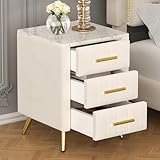 Bellemave Upholstered Wooden Nightstand with 3 Drawers, Bedside Table with Marbling Stickers Worktop, Velvet End Table with Metal Legs & Handles (Beige)