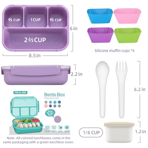 Image of QQKO Bento Box Adult Lunch Box, Lunch Containers for Adults Men Women, Kids Lunch Boxes for School with 4 Compartments, Sauce Container, Utensils and Muffin Cups, Purple