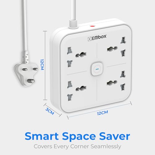 Image of EMBOX Extension Board 5 Meter Cable| Extension Board with Switches| 1500 W 4 Universal Sockets, Safety Shutter, 6 amp Spike Guard | Extension Cord LED Indicator and Safety Shutter