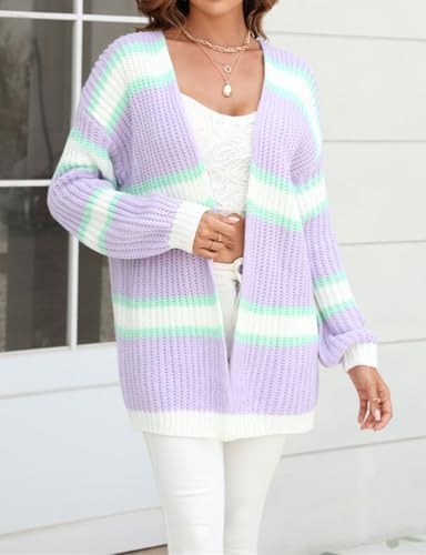 Mywinway Striped Cardigan Sweaters for Women Fall Long Sleeve Open Front Causal Loose Colorful Knit Sweater Top Coats2