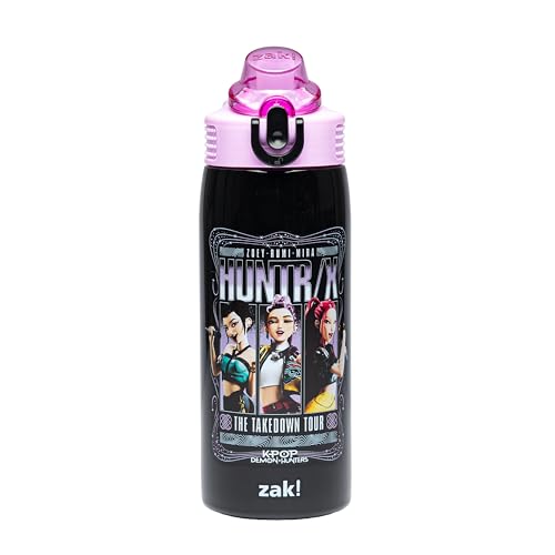 Zak Designs KPop Demon Hunters Sage Kids Water Bottle For School or Travel 19oz Stainless Steel Water Bottle With Straw and Leak-Proof Pop-Up Spout Cover BPA Free (Huntrix Takedown Tour)