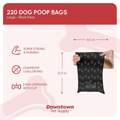 Downtown Pet Supply Poop Bags for Dogs with Dispenser, 220 Count - Leak-Proof Dog Waste Bags and Bone-Shaped Dog Poop Bags Holder for Leash - Black with Paw Prints, 12.5\" x 8.5\" - Thumbnail 2