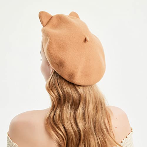 Blessi Women's Wool Blend Bear Ears Pattern Cartoon Berets French Artist Beanie Brown Hat For Girls #TOP3