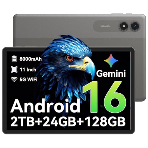 TABWEE Android Tablet 11 Inch, Android 16 Tablet with Gemini AI, 6GB RAM + 18GB Virtual Memory, 128GB Storage, 8000mAh Battery, 90Hz Display, WiFi Tablet for Streaming, Study and Travel, Gray