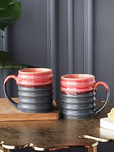 Image of miah decor Handmade Studio Pottery Coffee Mug Set of 2, 300ml Ceramic Tea Cups Set, Dual Tone Stoneware Coffee Cups & Mugs, Ribbed Handmade Tea Mug Set, Microwave & Dishwasher Safe