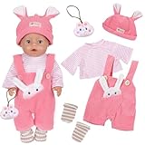 5 Stück Puppenkleider für 14-18 Zoll Baby Puppen, 35-43cm Süße Rosa Häschen Baby Puppenkleidung Outfits Rosered Hasenoverall+Oberteil+Hasenohrenmütze+Socken+Hasenanhänger Mädchen Geburtstag Geschenk