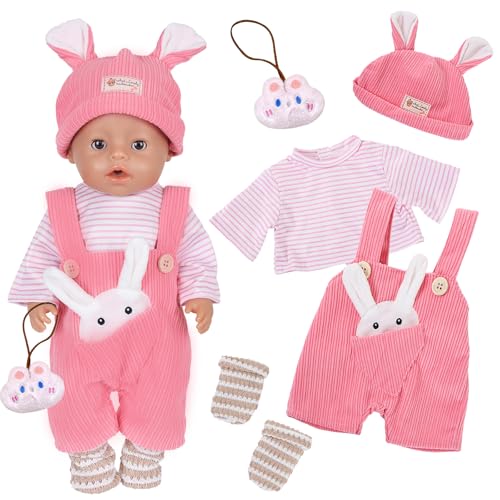 Lot de 5 robes de poupée pour poupées de 35 à 43 cm, mignons lapins roses de 35 à 43 cm, combinaison de lapin rose + haut + bonnet à oreilles de lapin + chaussettes + pendentif lapin pour fille