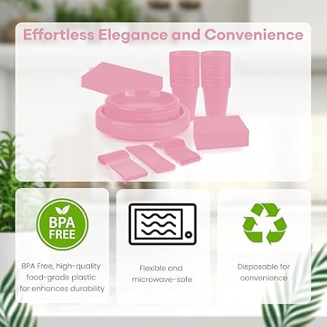 Grandipity 350 Pcs Disposable Dinnerware for 50 Guests with Plates, Cups, Napkins, Cutlery + 6 Pack Rectangle Plastic Tablecloths (54 x 108) Party, Wedding, Birthday, BBQ BUNDLE - PINK