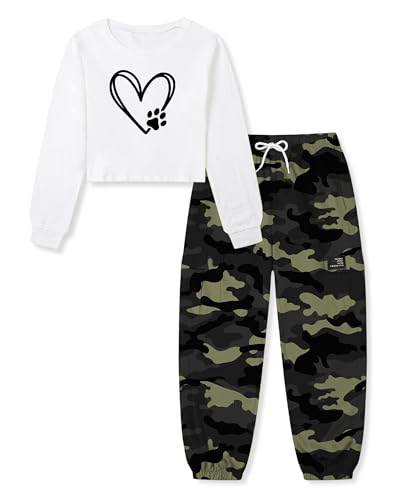 Image of Betusline Girls Fall Winter Clothing Sets, Long Sleeve Crop Top & Cargo Jogger Pants 2 Piece Outfit Sets,4T-14Y