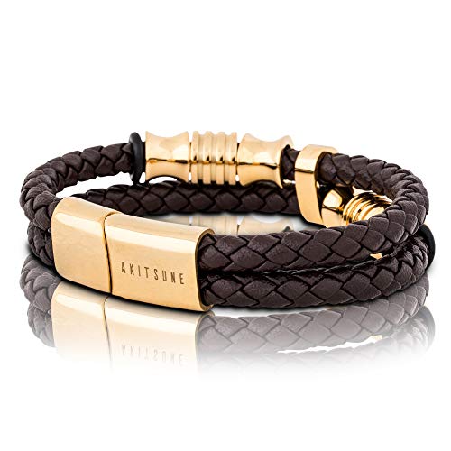 Preisvergleich Produktbild Akitsune Gracilitas Lederarmband / Armschmuck Damen Edelstahl Magnetisches Herrenarmband - Gold - Braun 21cm