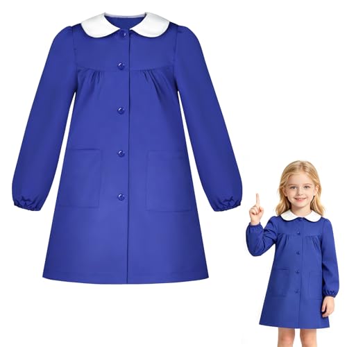DiULi Babi Escolar Niño y Niña, Bata Escolar Infantil, Uniforme Duradero y Cómodo, Batas de Jardín con Botones, Bolsillos, Puños Elásticos y Lindo Cuello Peter Pan para Guarderia y Colegio (Azul Real)
