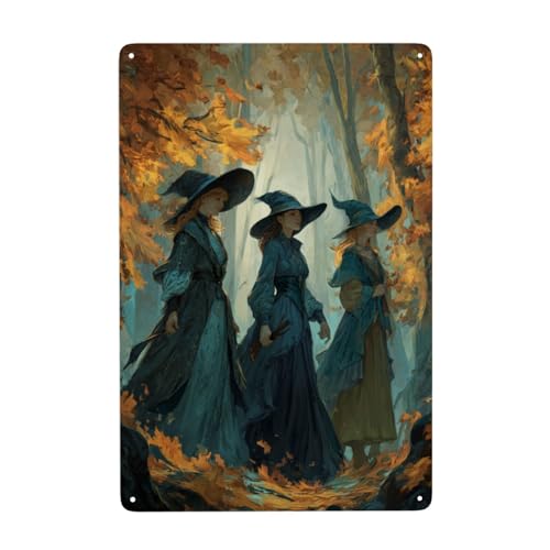 Letreros de metal con diseño de tres brujas en el bosque otoñal, decoración de pared para baño, inodoro, baño, granja, patio, 20 x 30 cm