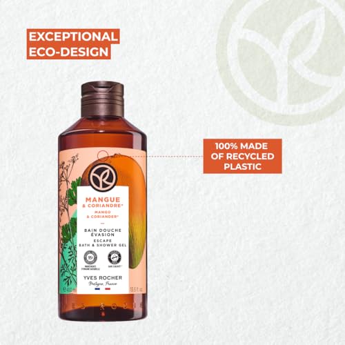 Yves Rocher Żel pod prysznic i do kąpieli Mango & Kolendra – energetyzujący zapach owoców i przypraw – delikatnie oczyszcza skórę – bez siarczanów i barwników – formuła wegańska – 400 ml