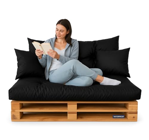 DECORESTOR Cojines para Palets Impermeables - Pack Completo Asiento 120x80, Respaldo 120x60 y 2 Cojines 40x40 - Sofá de Palets Exterior/Interior (Negro)