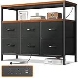 ODK Chest of Drawers Bedroom with 6 Drawers, Fabric Storage Drawers with 2 USB and 2 Sockets, Dresser Suitable for Bedrooms, Living Rooms, Sturdy Storage Dresser with Shelves, Retro Color