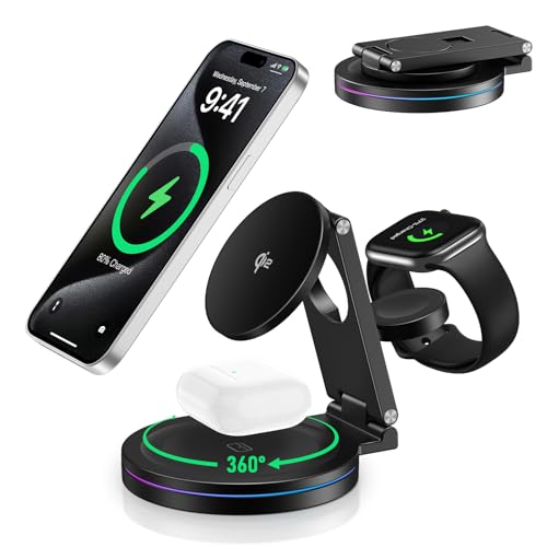 2026 Upgraded Qi2 Foldable 360º Rotatable Zinc Alloy 3 in 1 Magnetic Wireless Charging Station,3-in-1 Qi2 Charger for Apple iPhone 12~17,iWatch,AirPods(30W Adapter & Case Included)(Black)