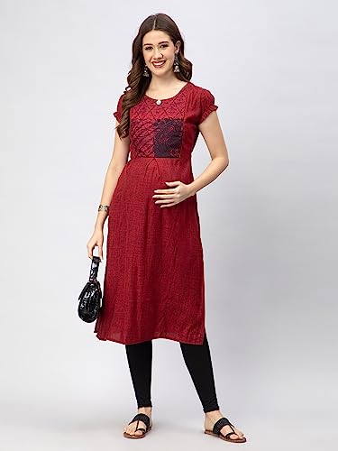 Image of CEE 18 Women's Cotton Rayon Straight Maternity Feeding Kurti for Feeding with Zippers(9652 40,Romantic Red,L)