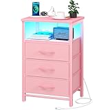 Yoobure Night Stand with Charging Station, 16 Colors LED Nightstand with USB Ports and Outlets, End Table with 3 Fabric Drawers and Storage Shelf, Bedside Tables Small Dresser for Small Space Pink