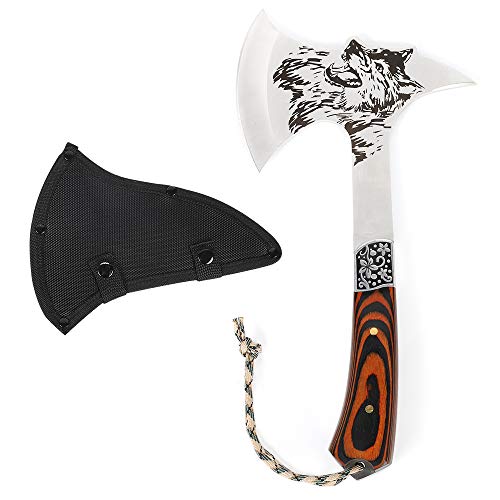 image for LIANTRAL Camping Hatchet Axe Etched Wolf Head Stainless Steel with Woo