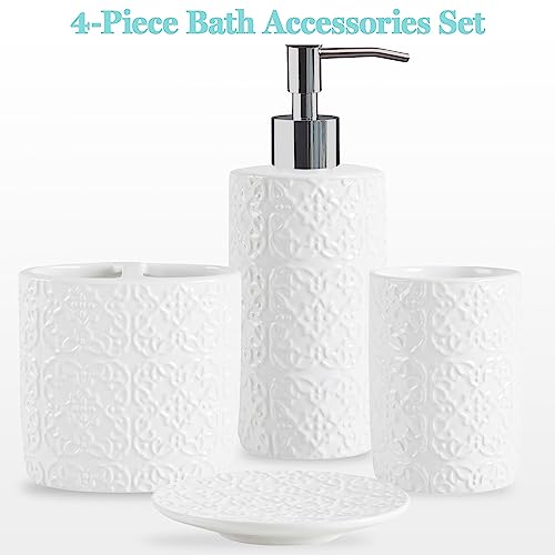 Martha Stewart Ceramic Bathroom Accessories Set, Vanity Decor Storage Organizer, Embossed Damask Medallion, Lotion/Soap Dispenser, Toothbrush Holder, Tumbler, Trinket Dish, Assorted Sizes White by Martha Stewart - Image 3