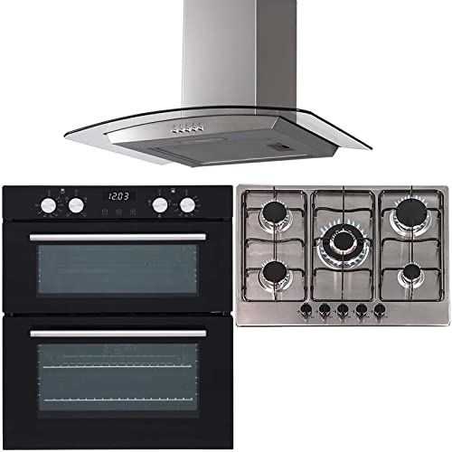 SIA 60cm Black Built Under Double Oven, 70cm 5 Burner Gas Hob And Curved Hood