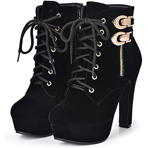 Susanny High Heel Boots for Women,Womens Platform Boot Heels Sexy Round Toe Lace UP High Heels Mid Calf Boots