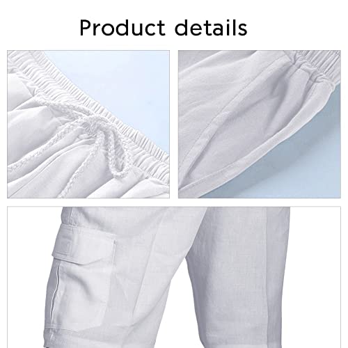 Men's Linen Shorts Casual Loose Cotton Linen Shorts Elastic Waist Drawstring Summer Beach Shorts With Pockets White Large #TOP3