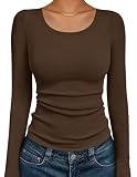 Ekouaer Womens Long Sleeve Stretch Scoopneck Ribbed T-Shirt Slim Fit Casual Basic Tops Brown M